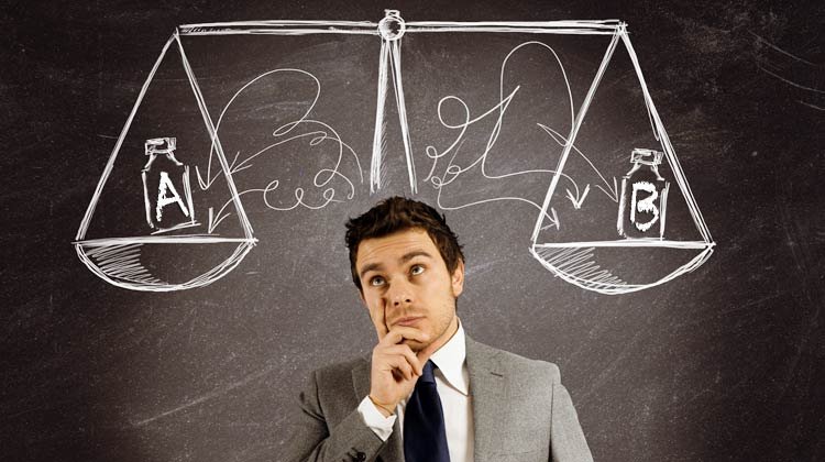 Person weighing two products on a balance scale labeled A and B