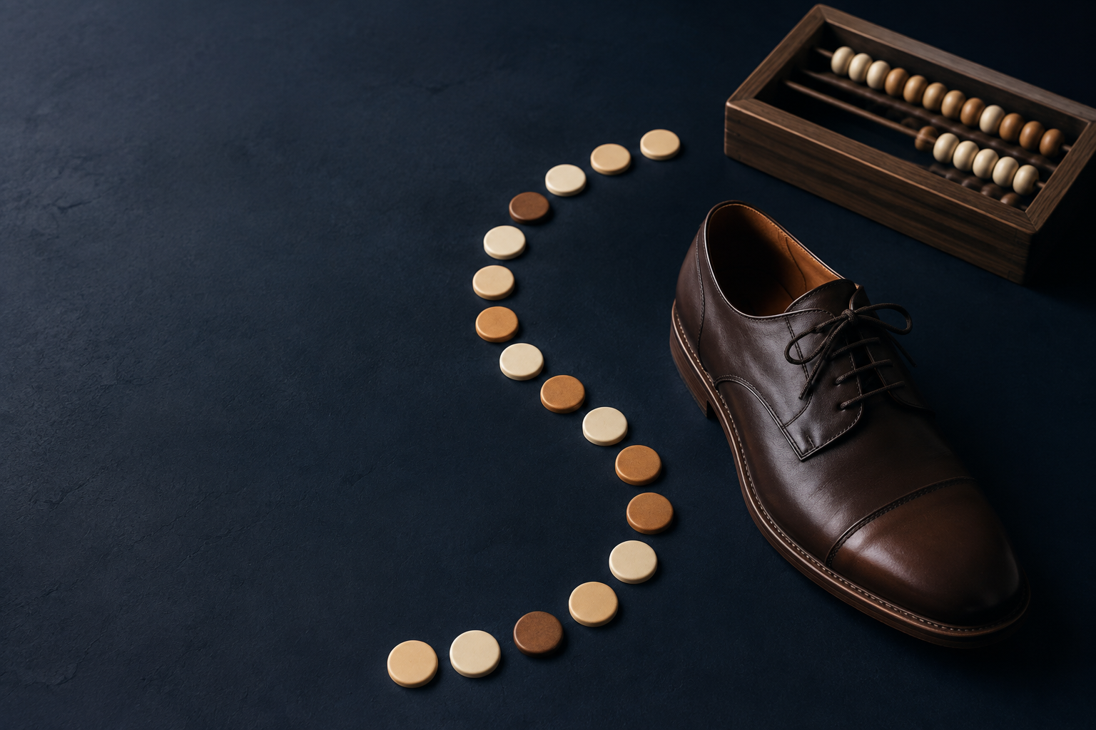 Leather shoe, repeated-use tokens and a counting frame illustrating cost per use