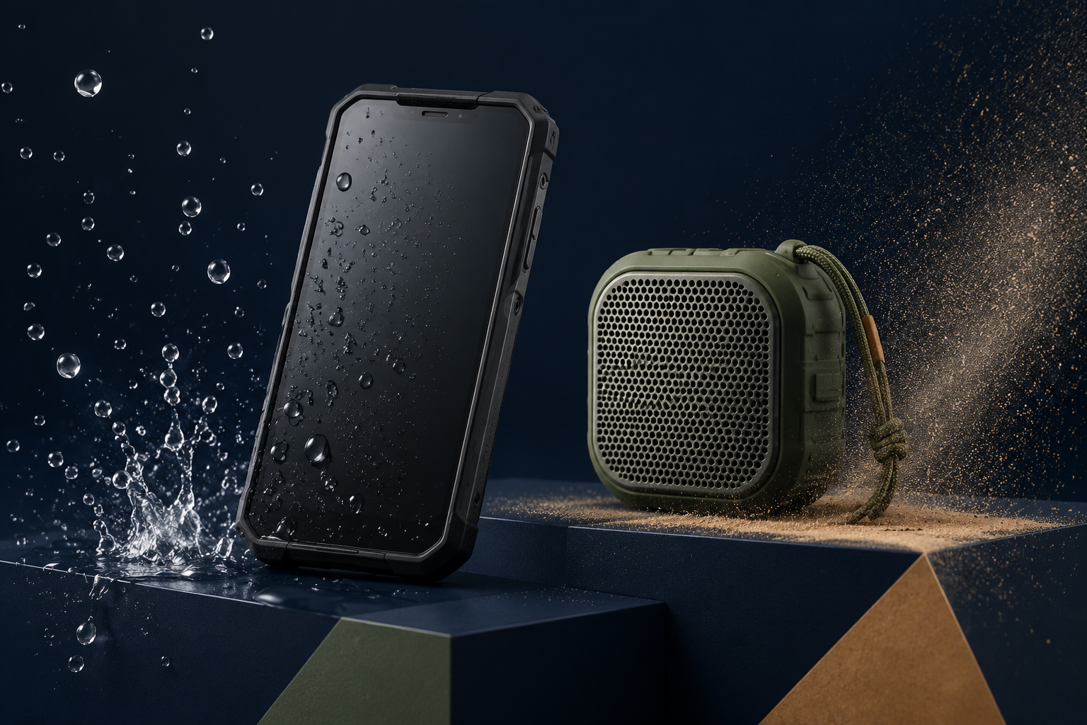 Rugged smartphone and portable speaker exposed to water droplets and dust