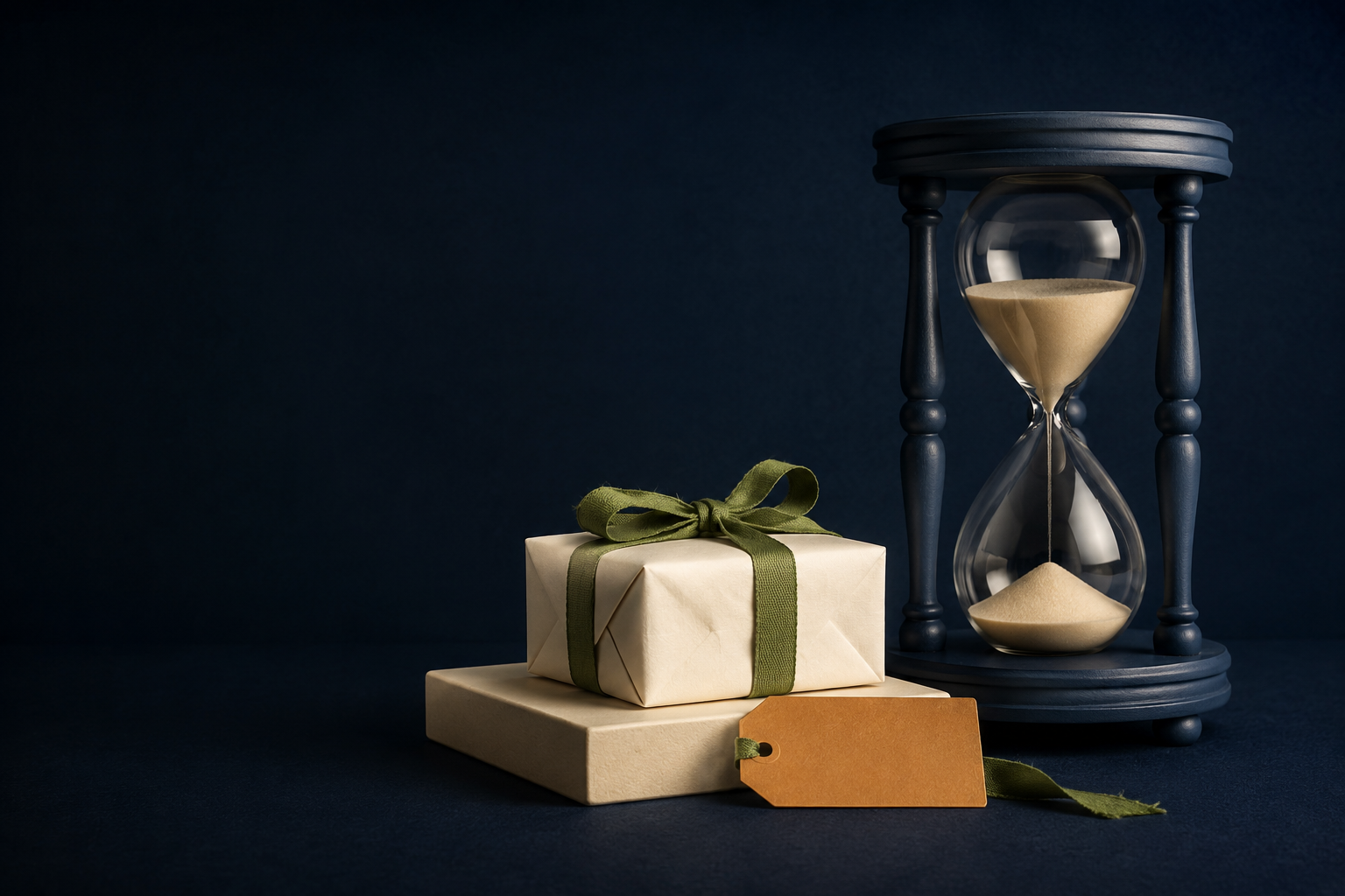 Hourglass beside a wrapped parcel and blank price tag, representing whether to buy now or wait