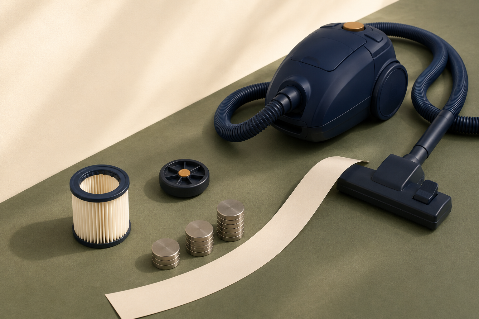 Navy vacuum cleaner, replacement filter, spare wheel and cost tokens illustrating long-term ownership costs
